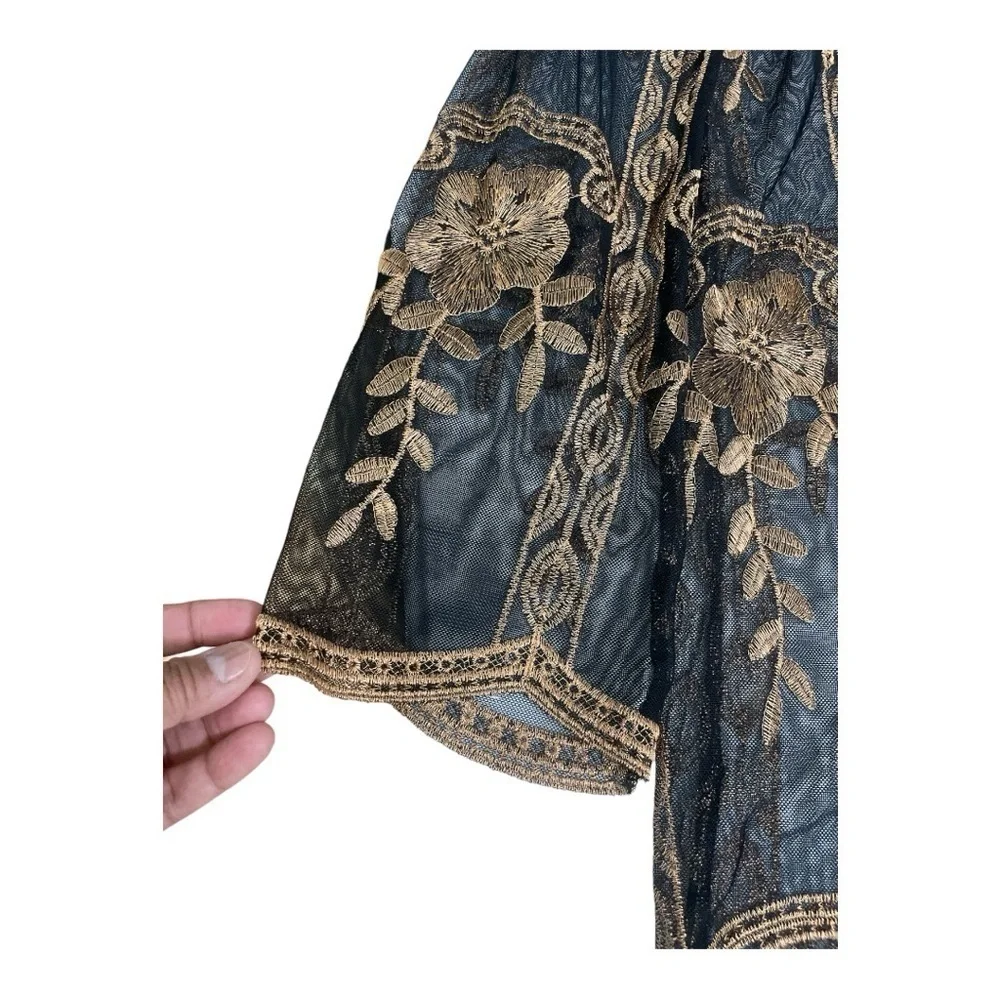 Haute Monde Kimono Duster Robe Jacket Women Size L Bronze Embroidery Boho Retro